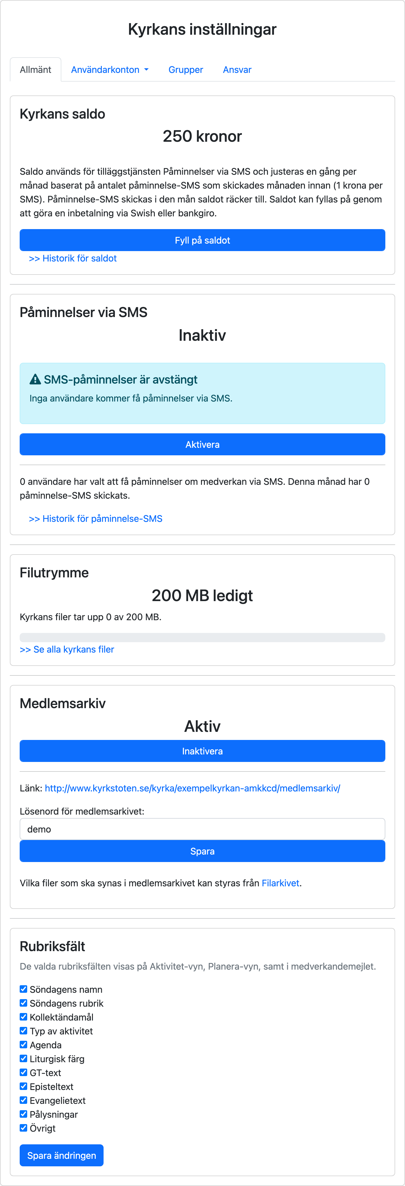 Kyrkans inställningar, fliken Allmänt