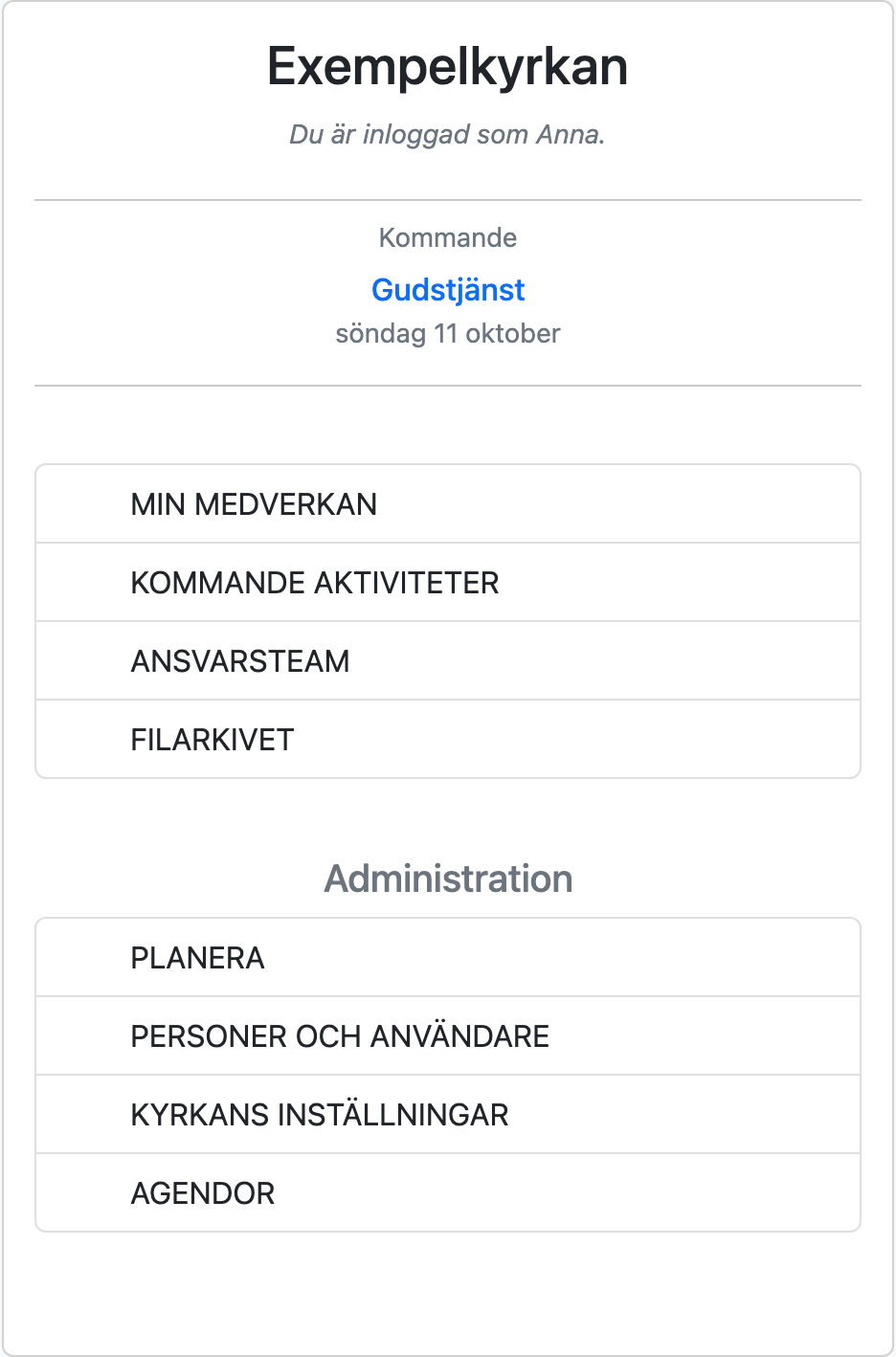 Startsidan med menyn